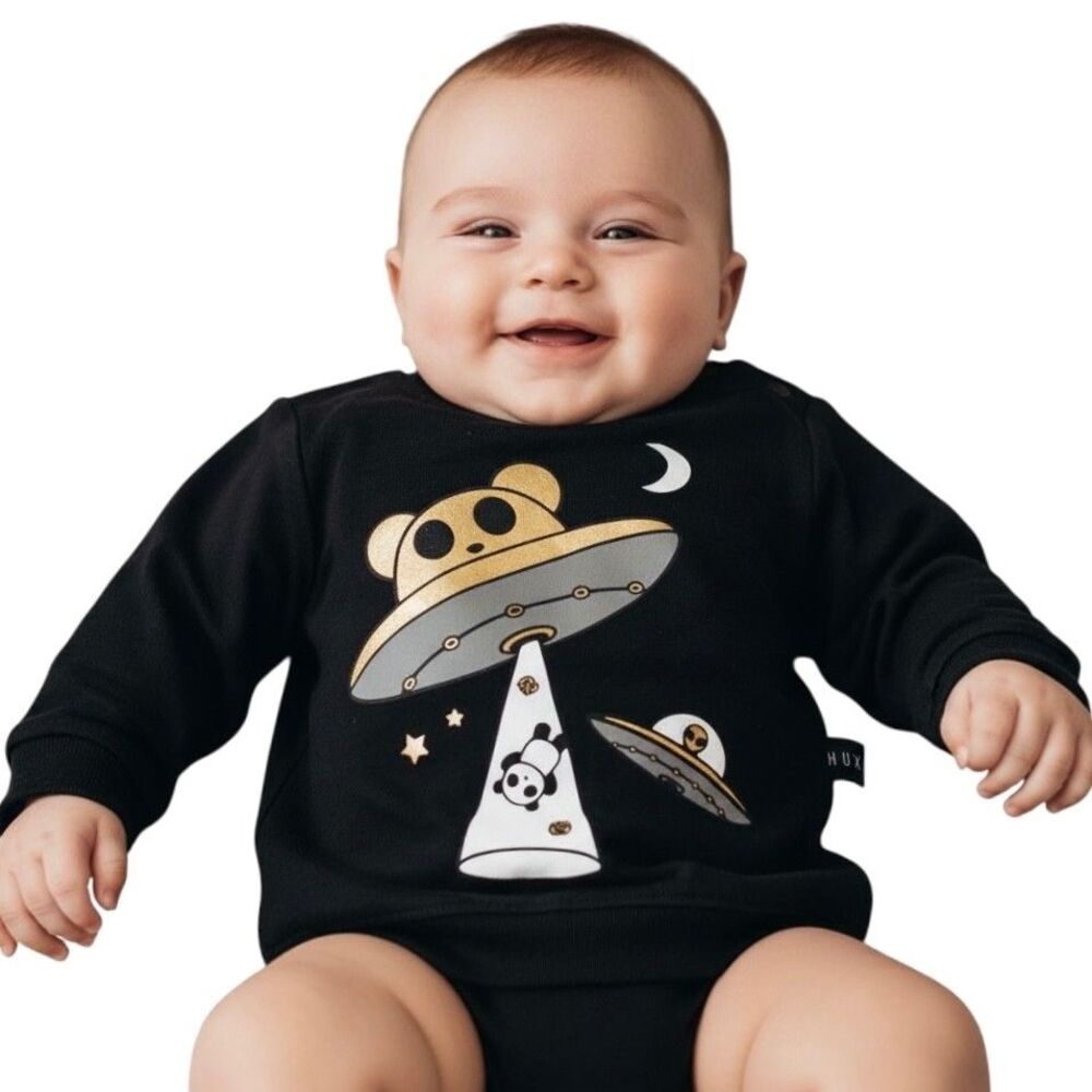 HUX Baby Boy's Panda Space Shirt, 100% Organic Cotton Size 0-3M Black